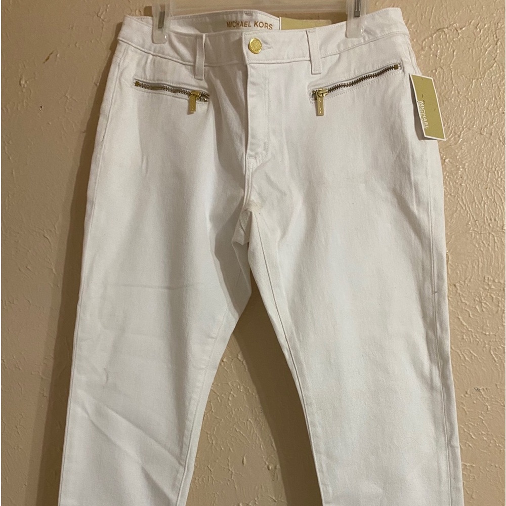 Michael Kors white jeans size 12 Izzy Skinny. Gold hardware/zippers. NWT